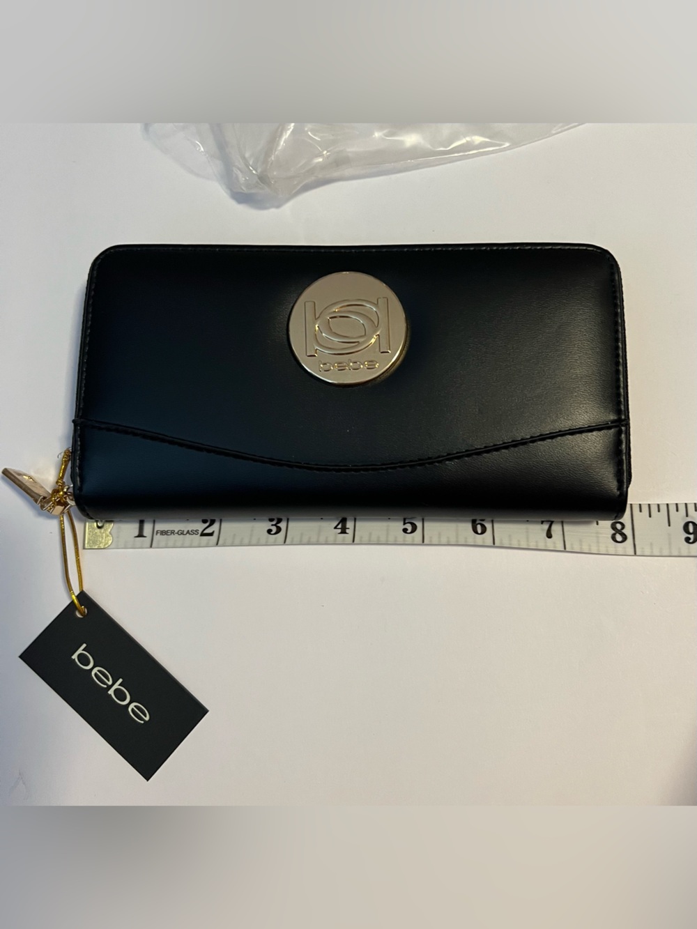 NWT bebe Black Zip Around Wallet Wristlet Gold Logo Clutch